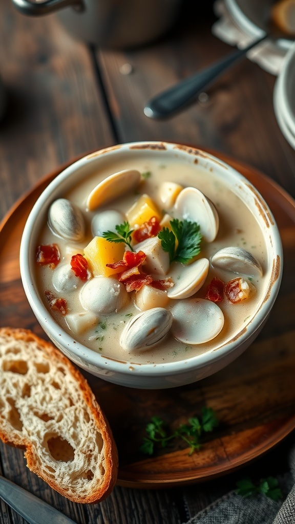 A hearty bowl of creamy clam chowder with clams, potatoes, and bacon, garnished with parsley, served with crusty bread.